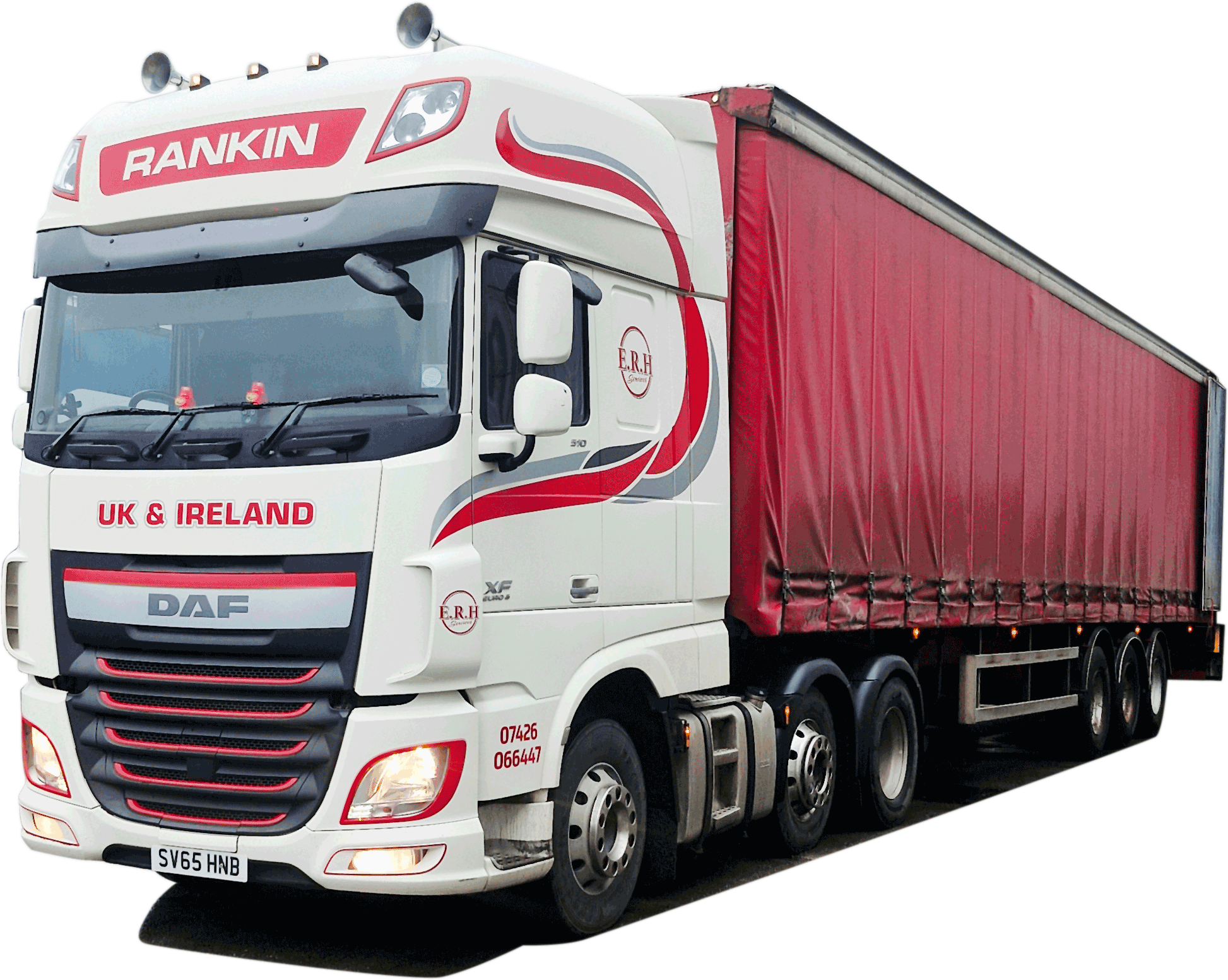 Red and white Rankin truck with red truck curtain