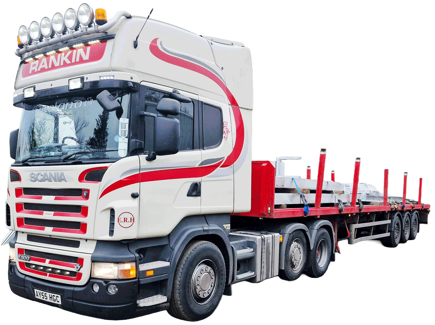 Red and white Rankin truck with no cargo